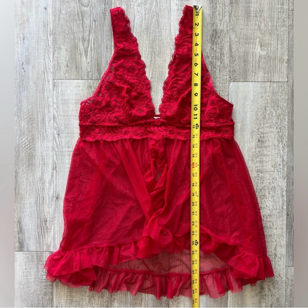 Red Sheer Lace Babydoll Lingerie Nightie Tie Front Ruffle Trim Medium - Picture 6 of 6